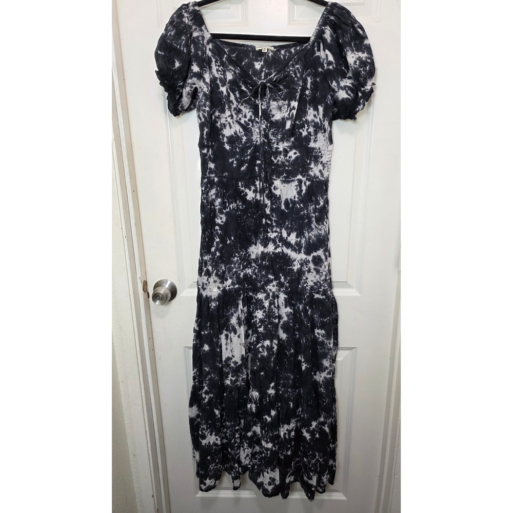 Earthbound Trading Co Maxi Dress Womens Medium Black White Tie Dye Boho Peasant